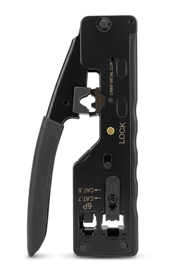Professional-grade modular crimping tool for network and telephone cables.