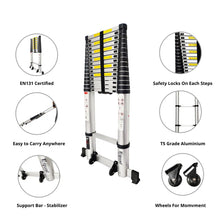 21.3 Ft Portable & Extension Aluminium Telescopic Ladder With Wheels & Support Bar;15 Steps