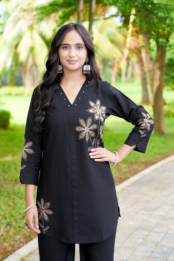 Rayon Co-ord Set For Women Multi Thread Embroidery Work Black