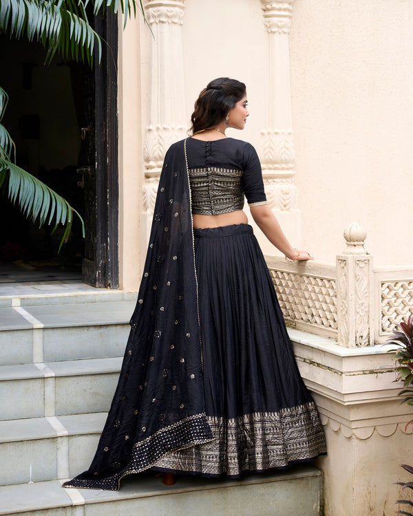Pure Chanderi Plain Zari Weaving Lehenga With Dupatta BLK
