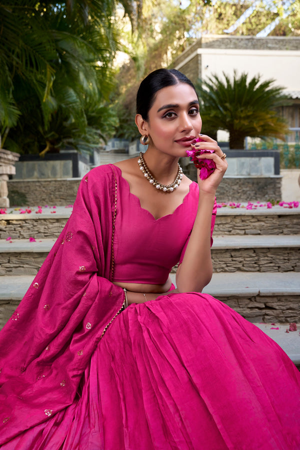 Pure Chanderi Plain Zari Weaving Lehenga With Dupatta PNK