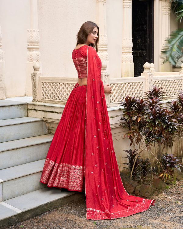 Pure Chanderi Plain Zari Weaving Lehenga With Dupatta RED