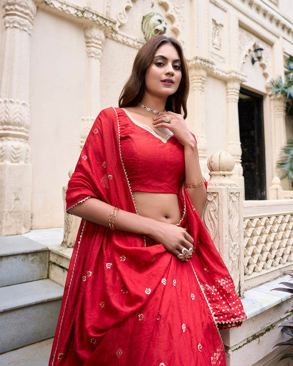 Pure Chanderi Plain Zari Weaving Lehenga With Dupatta RED