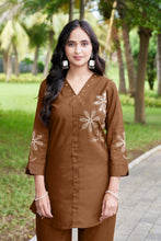 Rayon Co-ord Set For Women Multi Thread Embroidery Work Brown