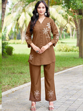 Rayon Co-ord Set For Women Multi Thread Embroidery Work Brown