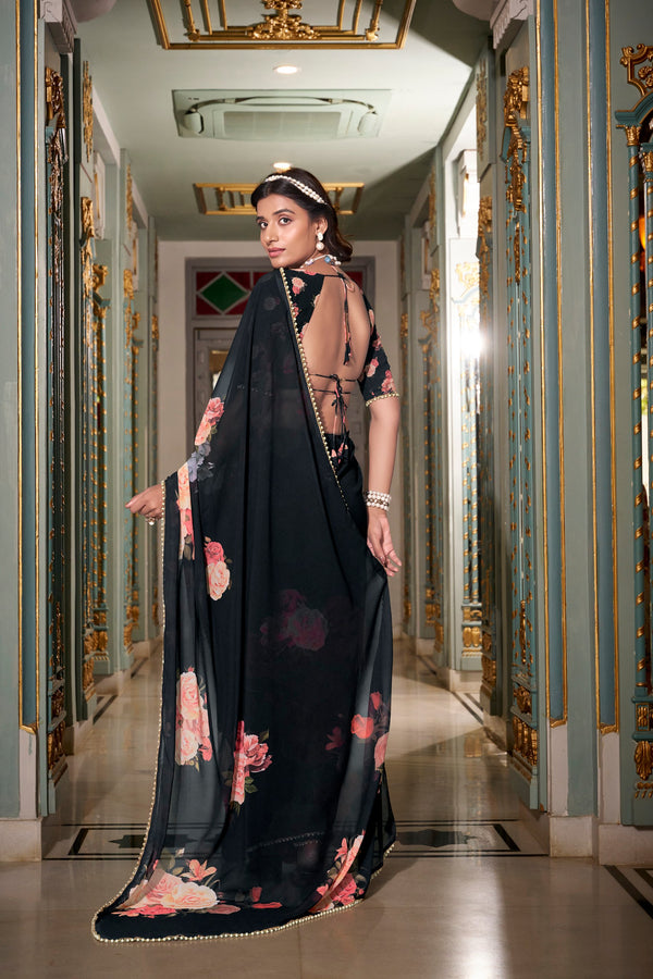 Georgette Printed Saree For Women BLK