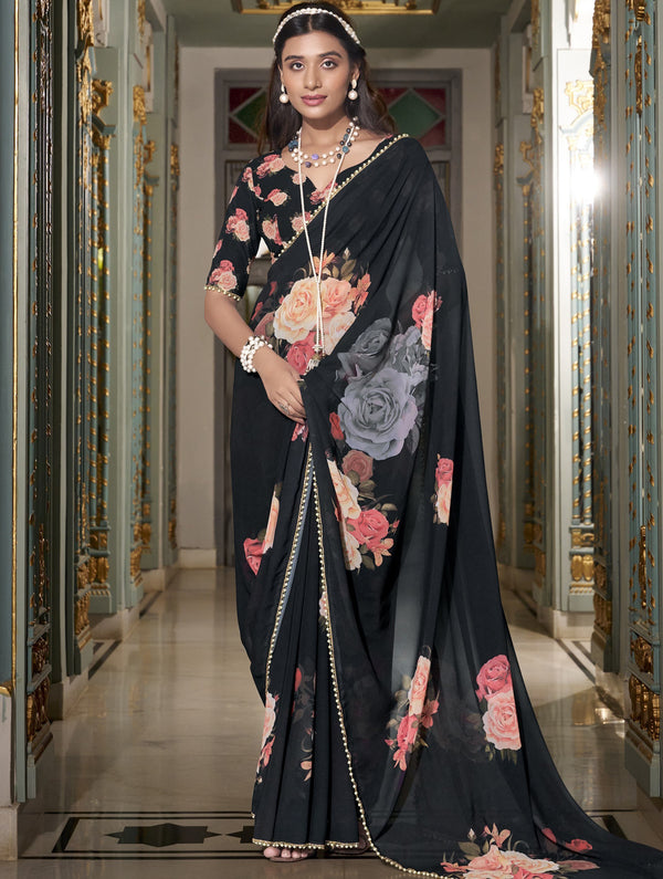 Georgette Printed Saree For Women BLK