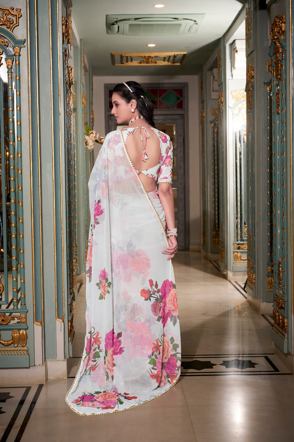 Georgette Printed Saree For Women WHT