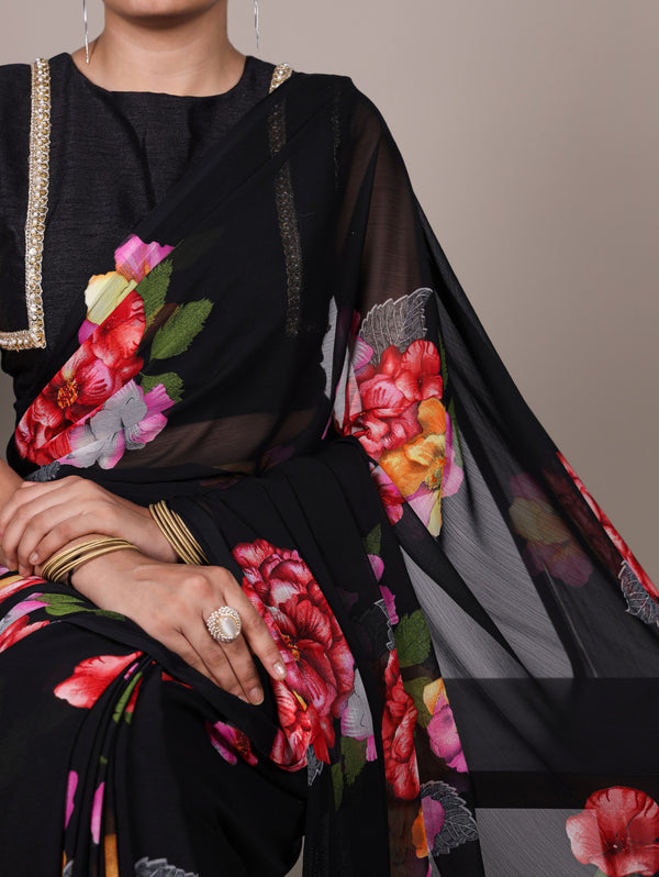 Chiffon Floral Printed Saree For Women BLK