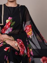 Chiffon Floral Printed Saree For Women BLK