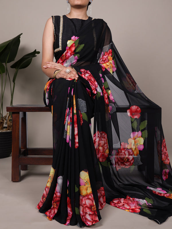 Chiffon Floral Printed Saree For Women BLK