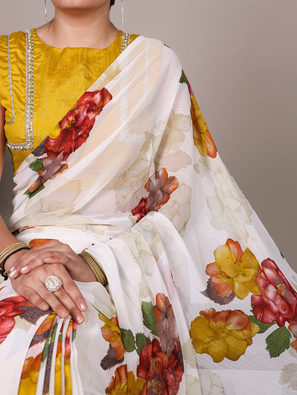 Chiffon Floral Printed Saree For Women WHT