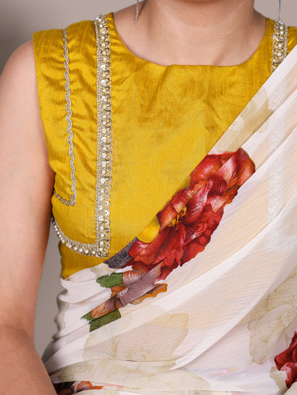 Chiffon Floral Printed Saree For Women WHT
