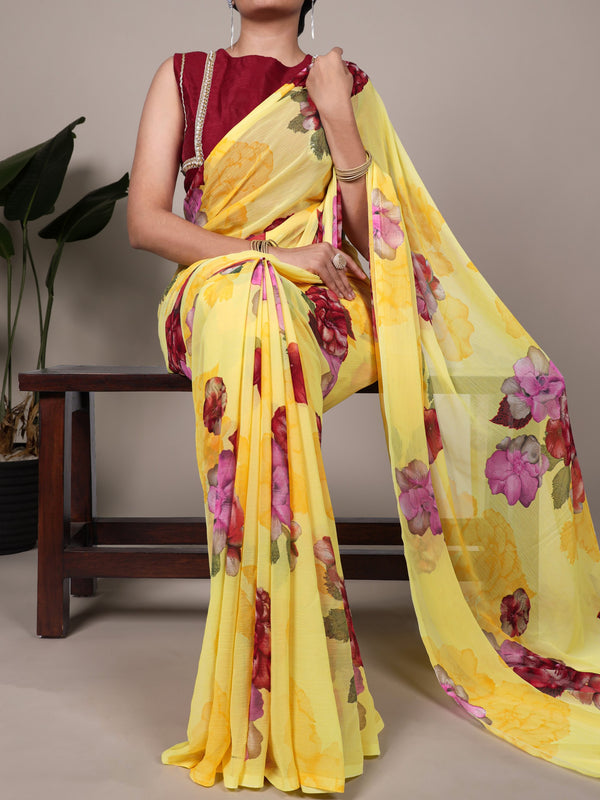 Chiffon Floral Printed Saree For Women YLW