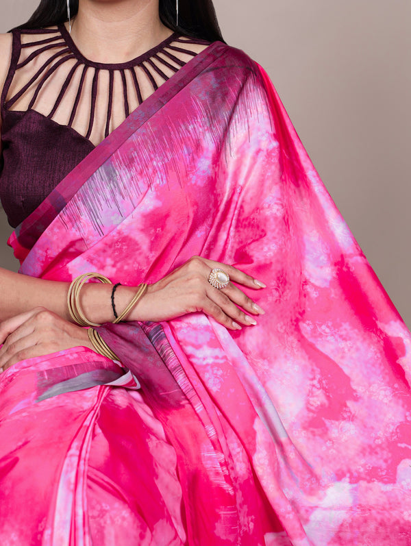 Satin Silk Printed Saree For Women PNK