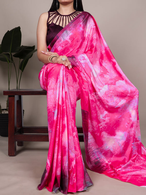 Satin Silk Printed Saree For Women PNK