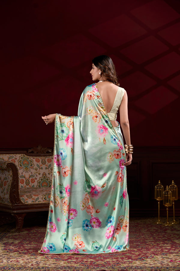 Satin Silk Printed Saree  For Women PST