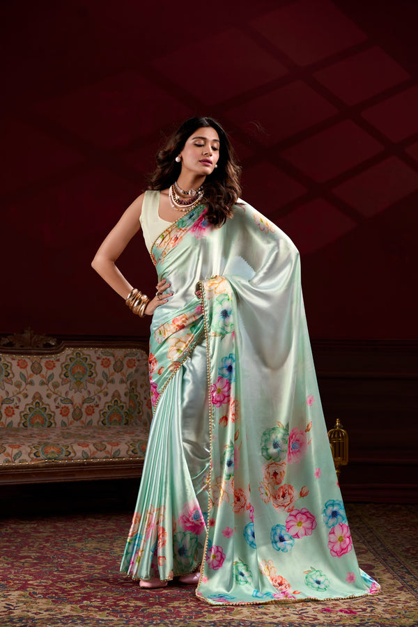 Satin Silk Printed Saree  For Women PST