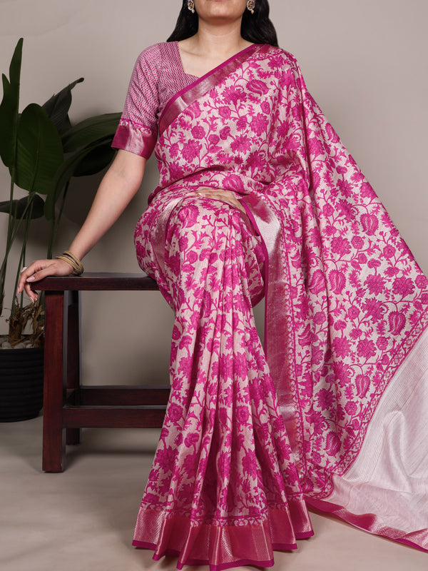 Tussar Silk Printed Saree For Women PNK