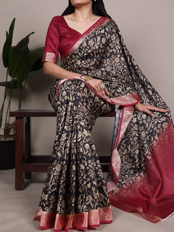 Tussar Silk Printed Saree For Women BLK