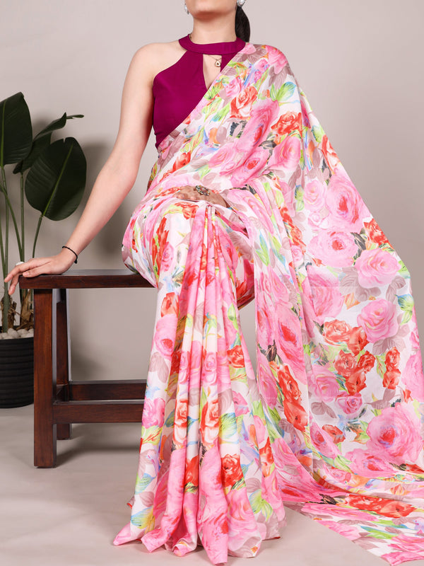 Dull Satin Floral Printed Saree For Women LPI