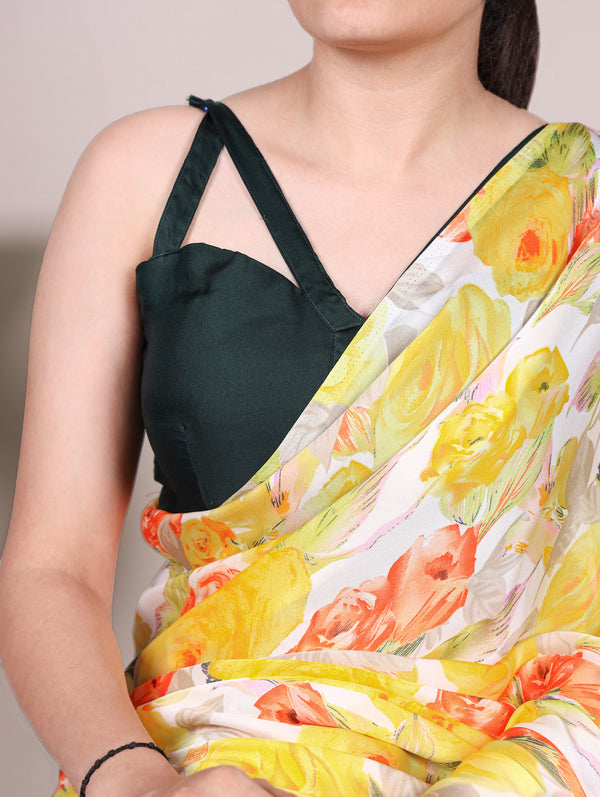 Dull Satin Floral Printed Saree For Women YLW