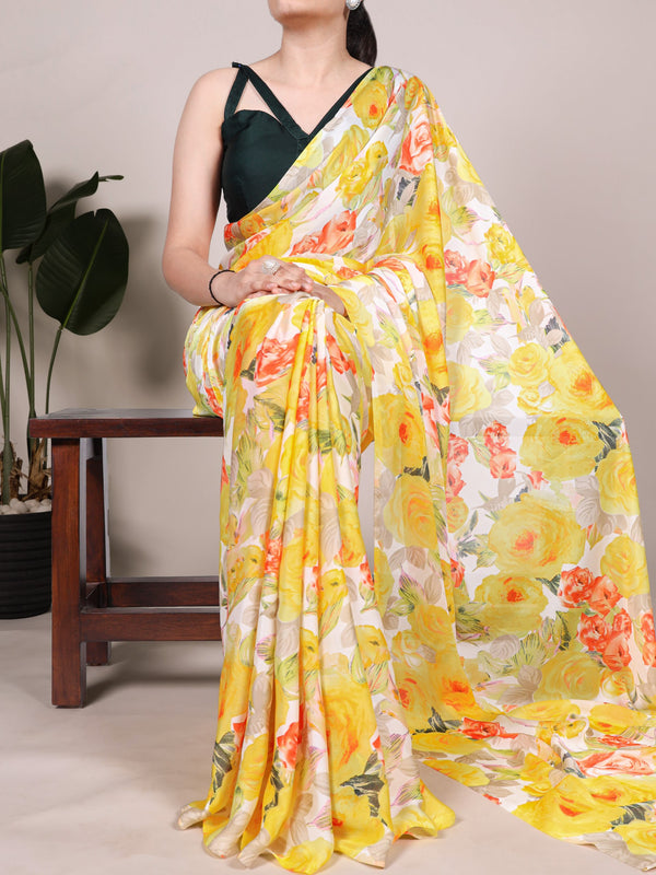 Dull Satin Floral Printed Saree For Women YLW