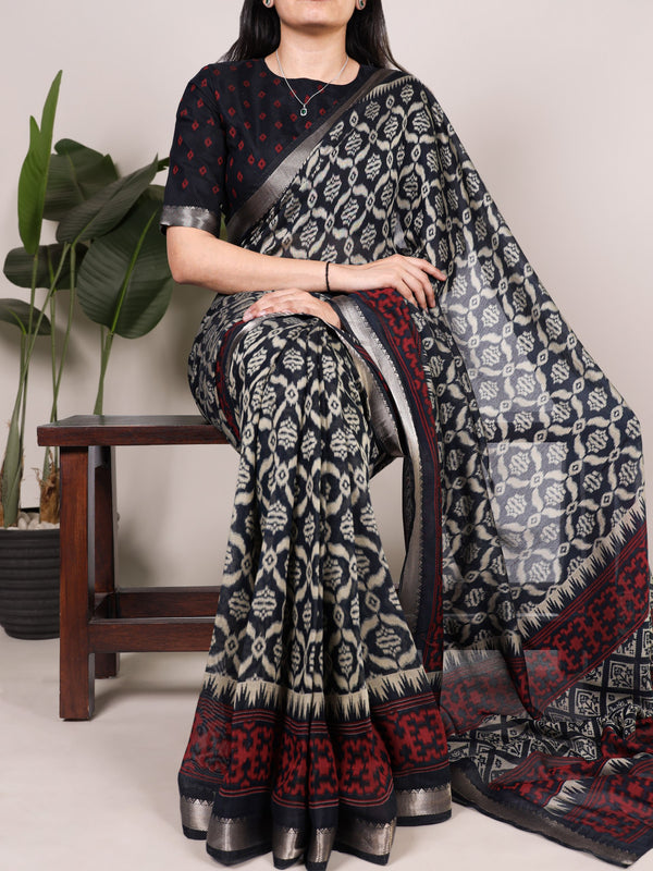 Viscose Chanderi Ikkat Printed Saree BLK