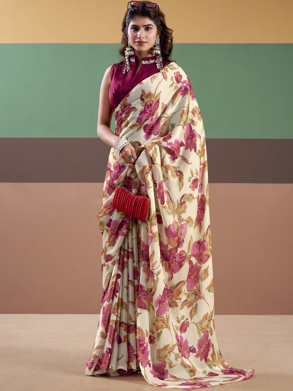 Satin Silk Floral Printed Saree PNK