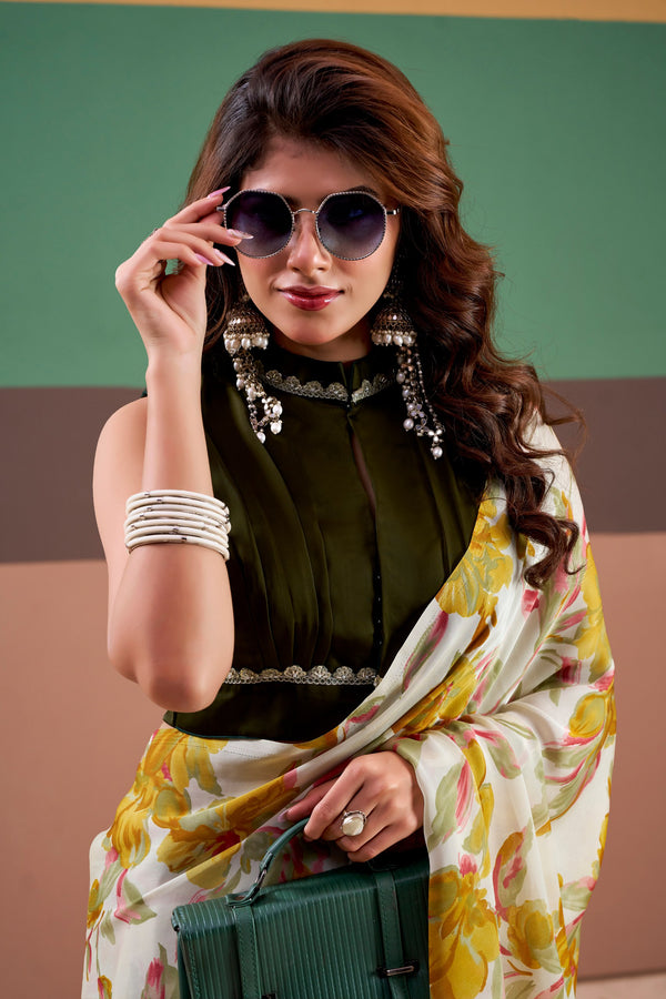 Satin Silk Floral Printed Saree YLW