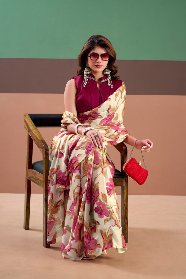 Satin Silk Floral Printed Saree PNK