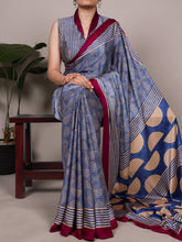 Dull Satin Printed Saree BLU