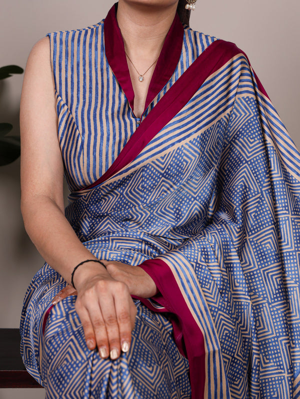 Dull Satin Printed Saree BLU