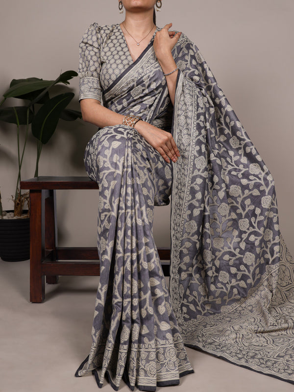 Cotton Silk Floral Printed Saree GRY