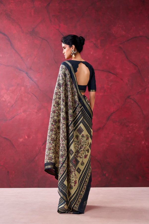 Chanderi Printed Zari Weaving Saree BLK