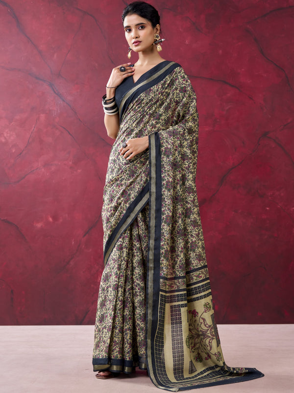 Chanderi Printed Zari Weaving Saree BLK