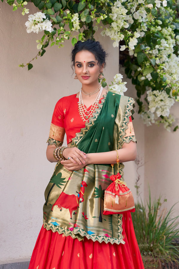 Jacquard Silk Zari Weaving Lehenga With Dupatta  RED