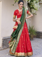 Jacquard Silk Zari Weaving Lehenga With Dupatta  RED