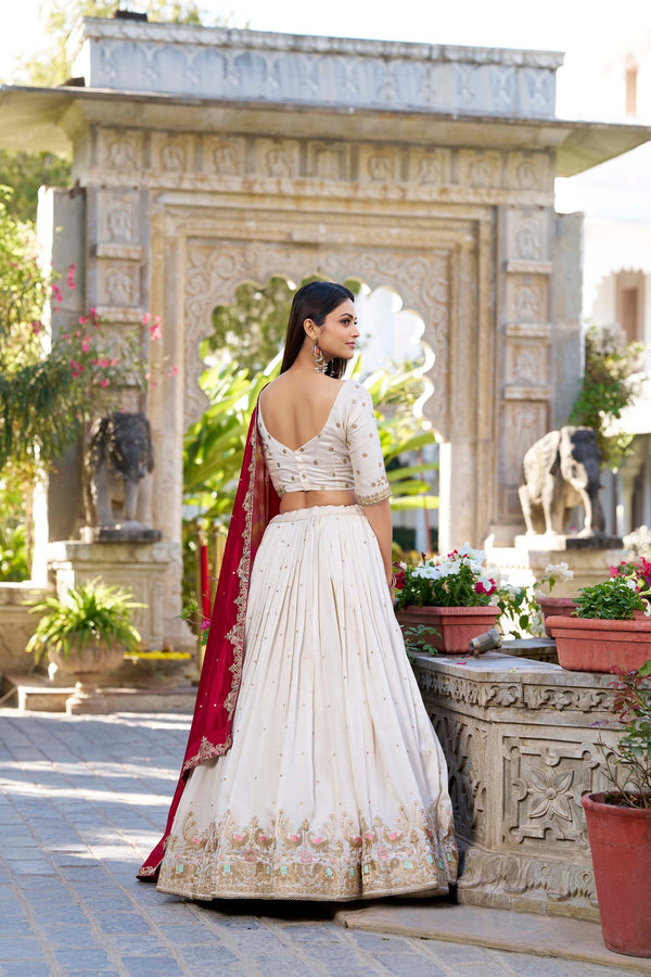 Vichitra Silk Thread Embroidered Lehenga With Dupatta  OWT
