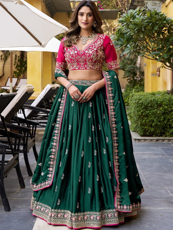 Silk Satin Thread Embroidered Lehenga With Dupatta  GRN