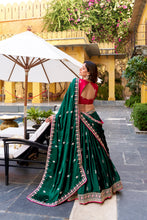Silk Satin Thread Embroidered Lehenga With Dupatta  GRN