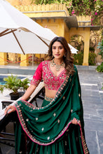 Silk Satin Thread Embroidered Lehenga With Dupatta  GRN