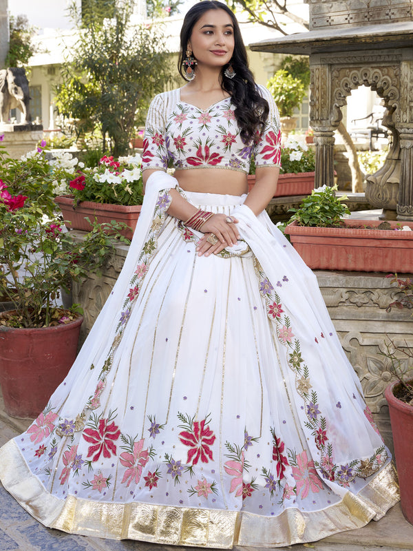 Georgette Thread Embroidered Lehenga With Dupatta  WHT