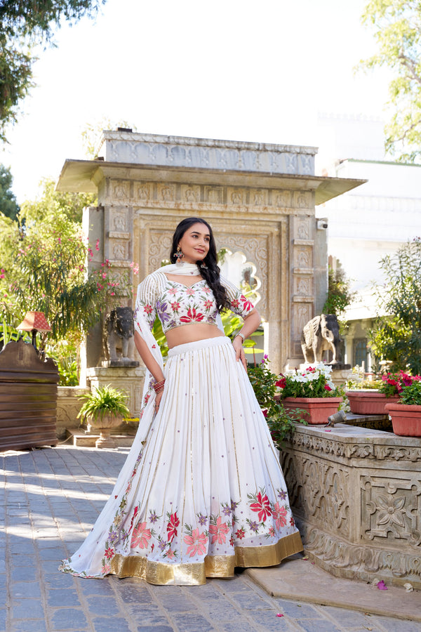 Georgette Thread Embroidered Lehenga With Dupatta  WHT