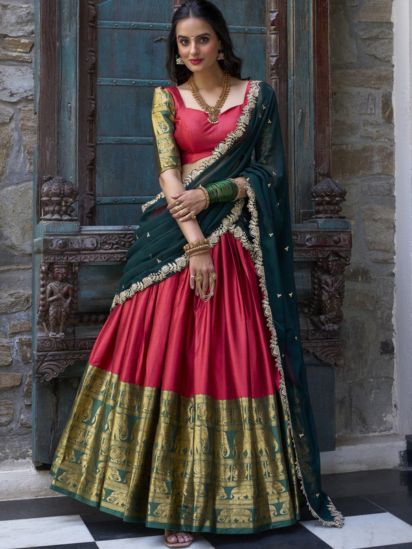 Narayan Pattu Zari Weaving Lehenga With Gerogette Dupatta  RED
