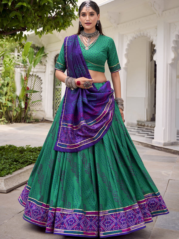 Tussar Silk Bandhej Printed Lehenga With Dupatta  GRN