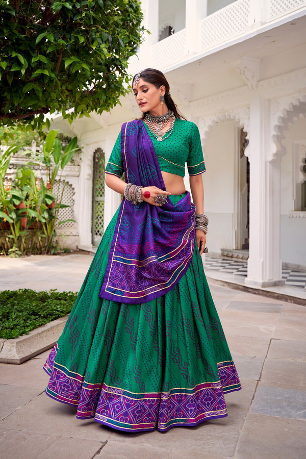 Tussar Silk Bandhej Printed Lehenga With Dupatta  GRN