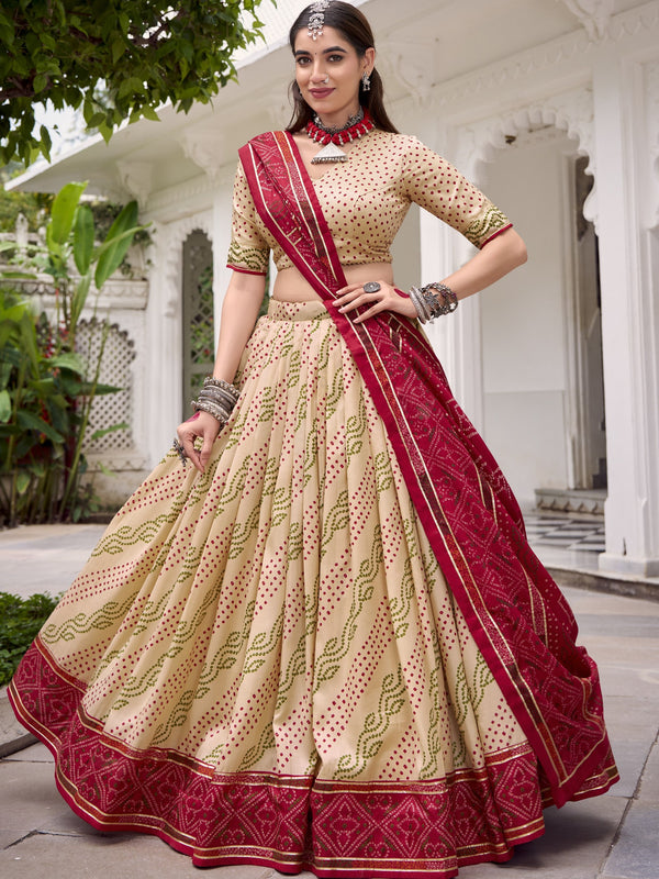 Tussar Silk Bandhej Printed Lehenga With Dupatta  OWT