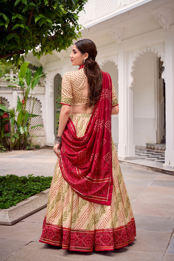 Tussar Silk Bandhej Printed Lehenga With Dupatta  OWT