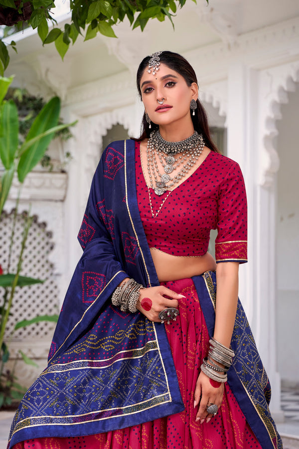 Tussar Silk Bandhej Printed Lehenga With Dupatta  PNK